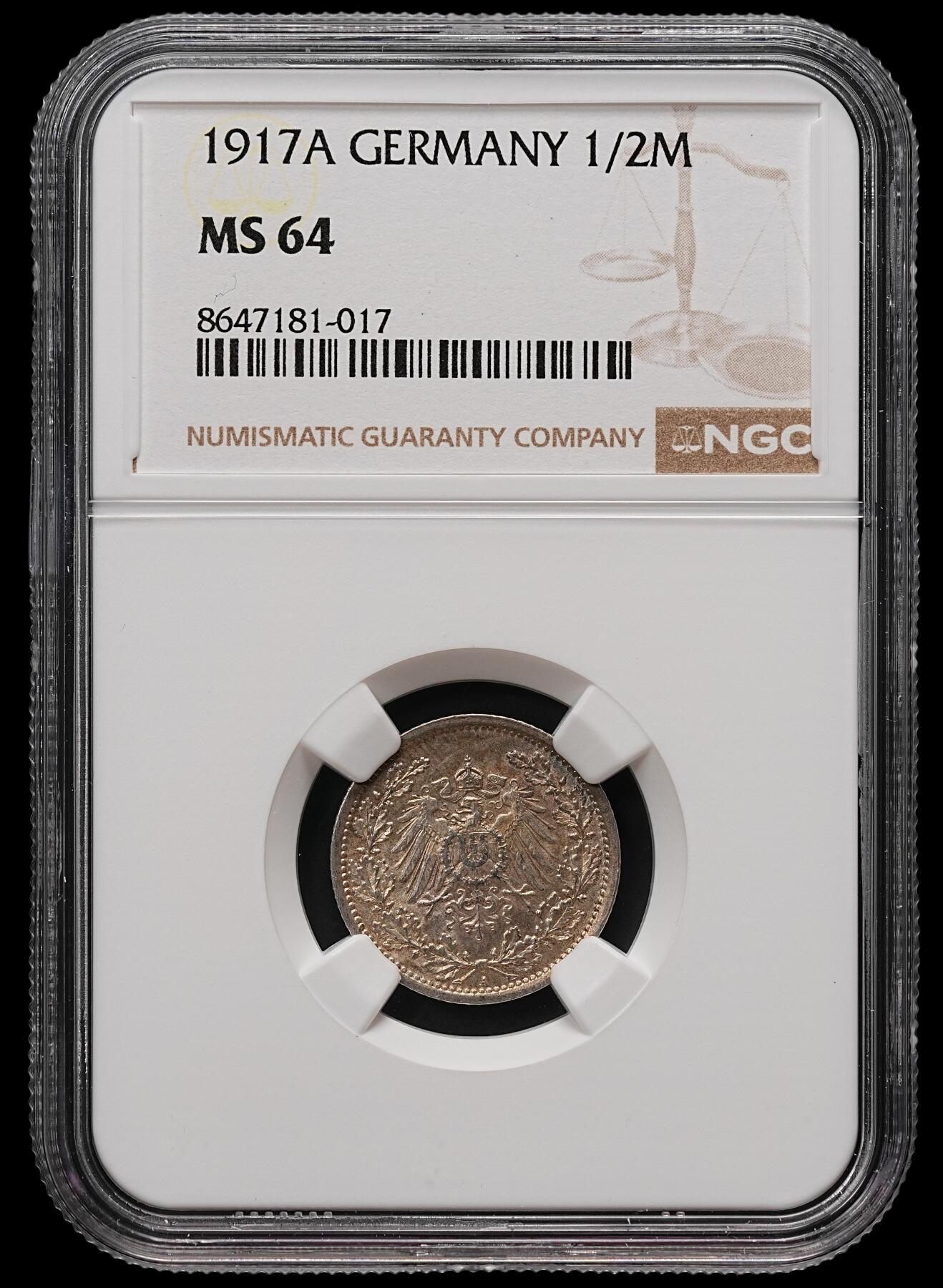 修遠堂世界钱币第112期 NGC MS64 1917年德国1/2马克银币，A厂铭