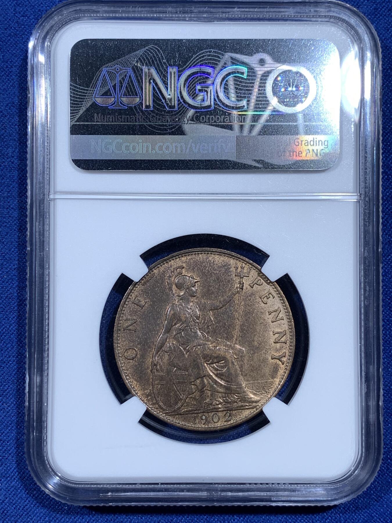 《竞宝斋》第481场 周日，周一 2场连拍 （全场包邮）20级店铺 欢迎送拍 NGC MS62BN 英国1902年1便士大铜币，爱德华七世，高海岸版