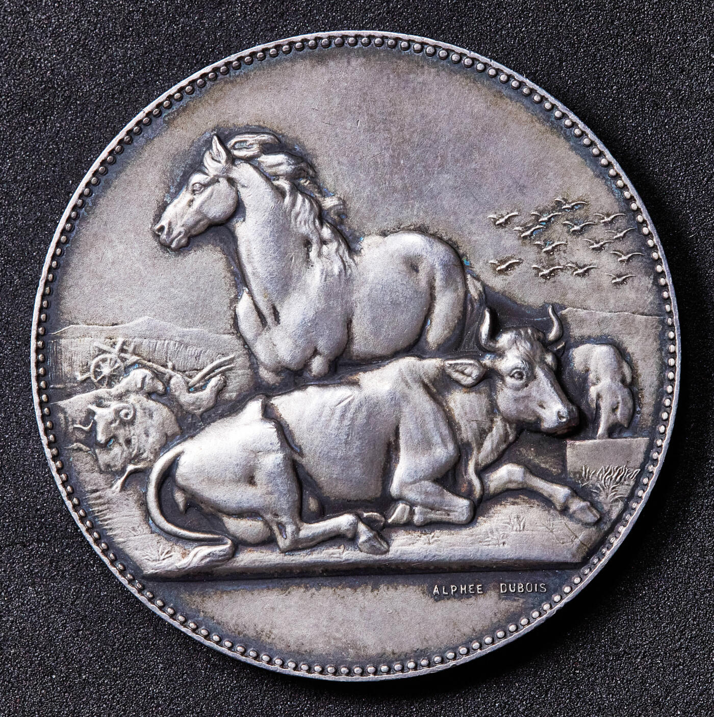 【俄甄集藏】满园春色-2026年(051)04-22星期三 晚 19:30 全场包邮 法国20世纪初田园牧歌农业大银章，高浮雕，设计精美，章牌大师阿尔菲·杜波依斯作品直径：45mm，重量：48.7克，800银，背面有划伤