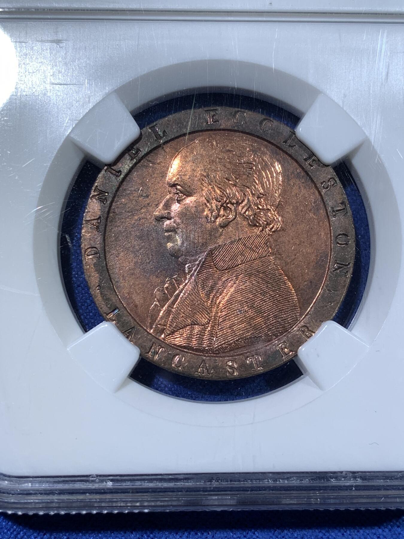 《竞宝斋》第481场 周日，周一 2场连拍 （全场包邮）20级店铺 欢迎送拍 NGC MS64RB 英国1794兰开斯特车轮半便士，此类工艺的首次应用，车轮便士的鼻祖。铜光夺目，非常难得的高分+RB。竞宝斋此前P盒63BN 1905元不含佣成交