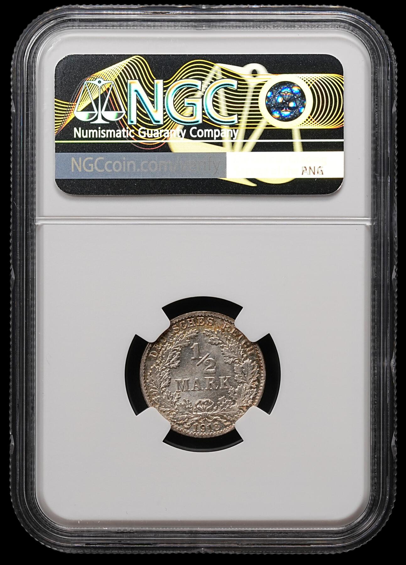 修遠堂世界钱币第112期 NGC MS66 1918年德国1/2马克银币 D厂铭