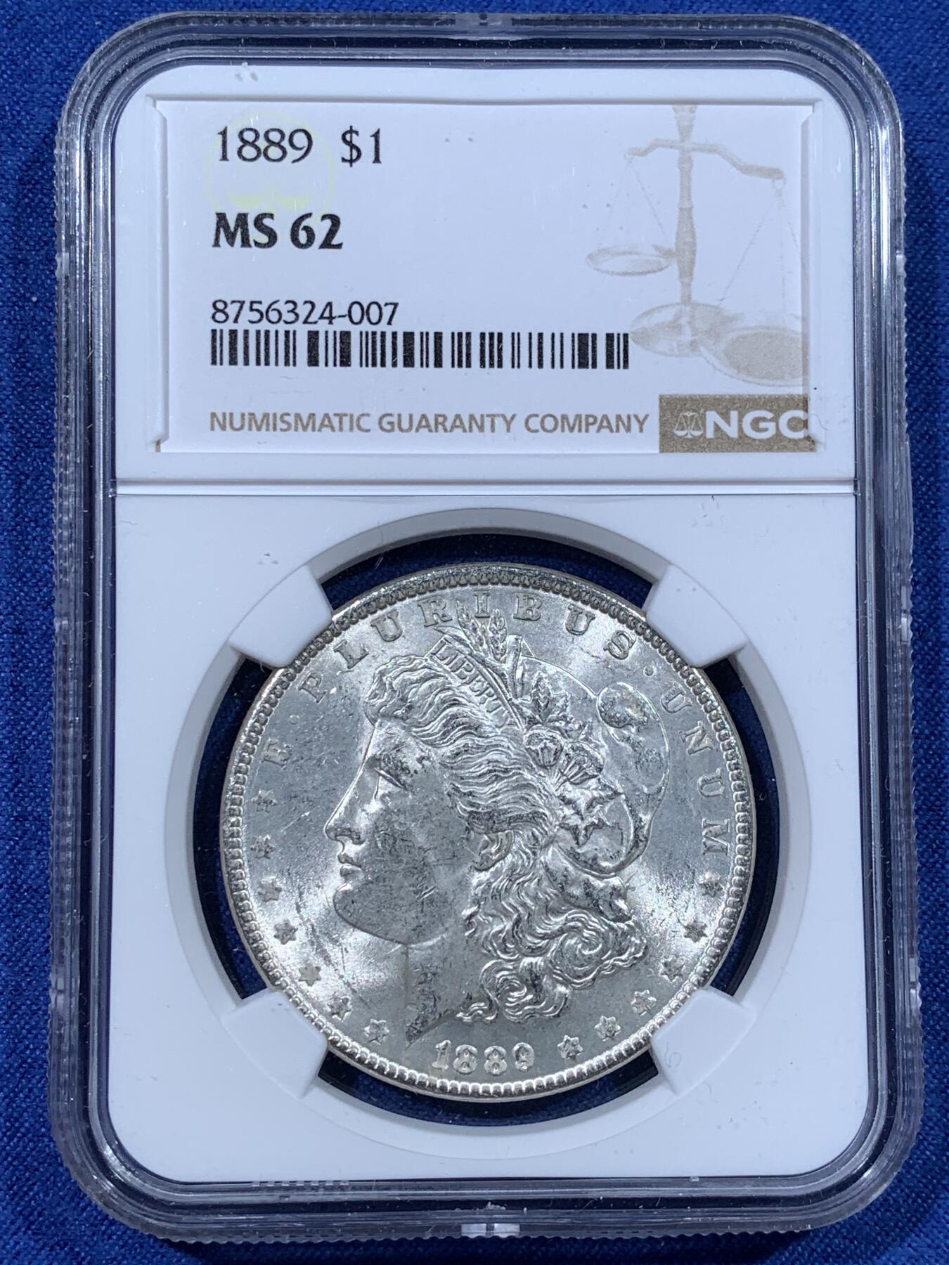 《竞宝斋》第481场 周日，周一 2场连拍 （全场包邮）20级店铺 欢迎送拍 NGC MS62 美国 1889 摩根 1美元 银币