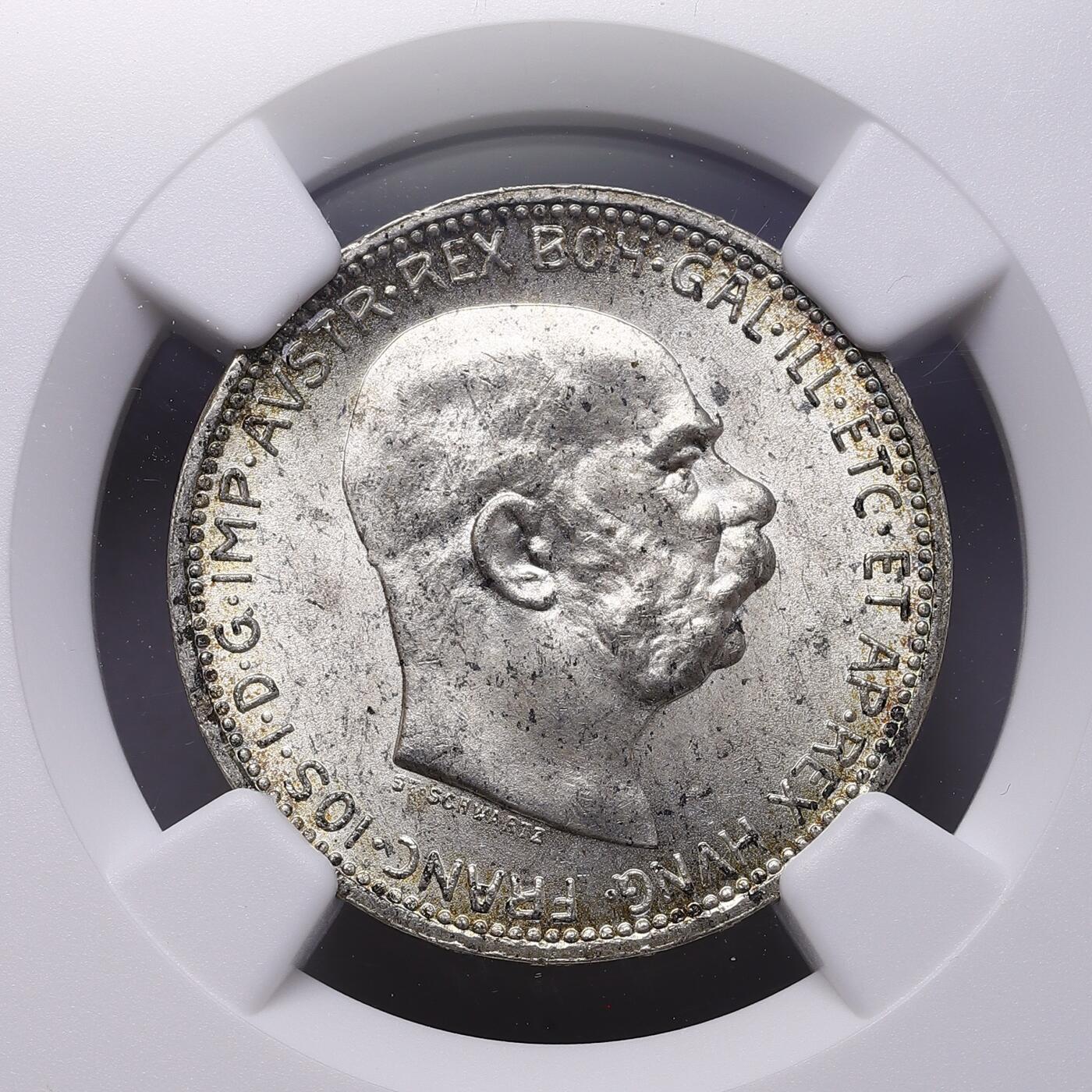 观钱 近现代机制币拍卖No.009（全场顺丰包邮，不区分偏远地区）  1916 年奥匈帝国弗朗茨・约瑟夫一世 1 克朗（Corona）银币 NGC MS64 在位最后一年发行的银币