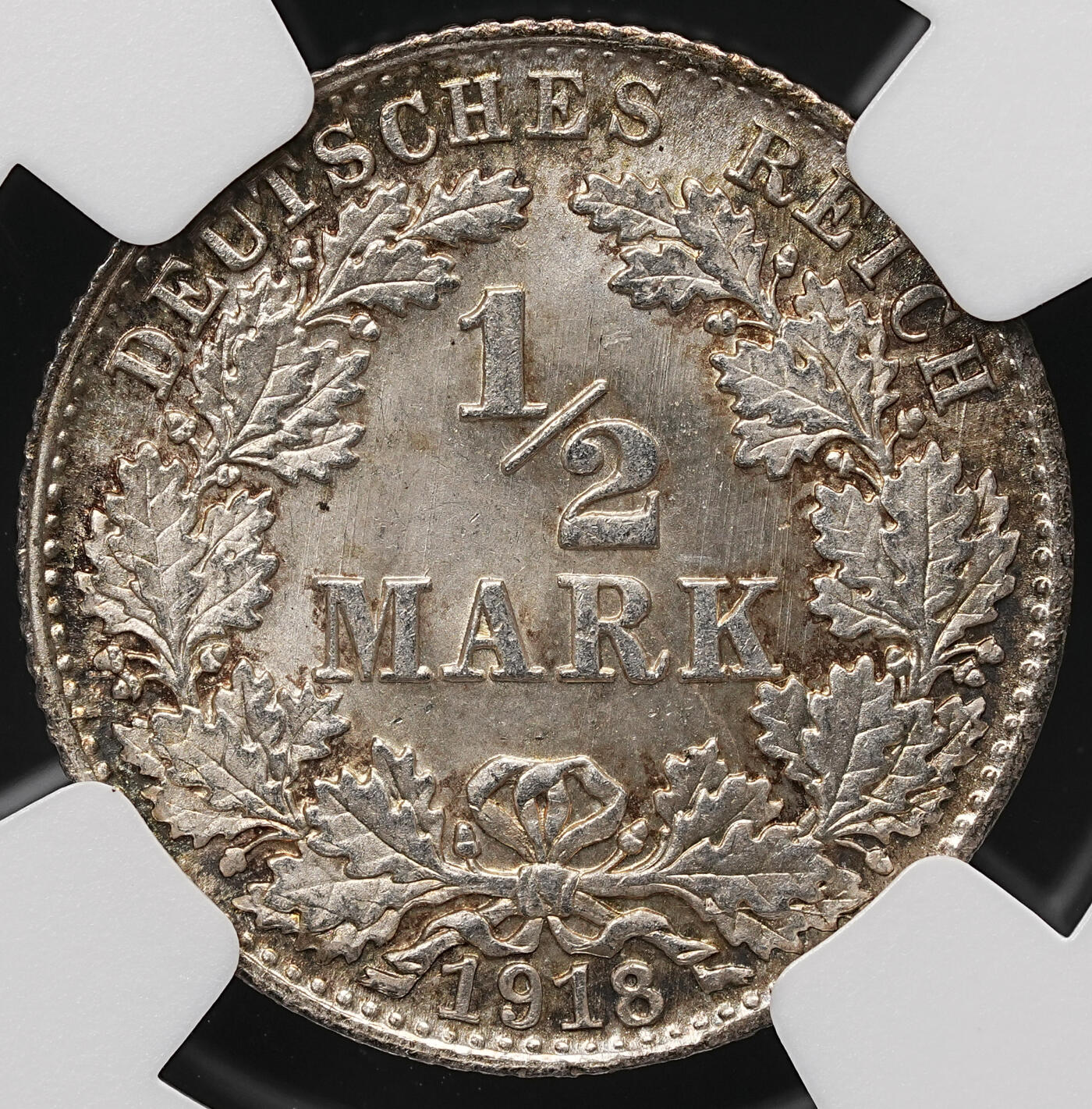 修遠堂世界钱币第112期 NGC MS67 1918年德国1/2马克银币 D厂铭