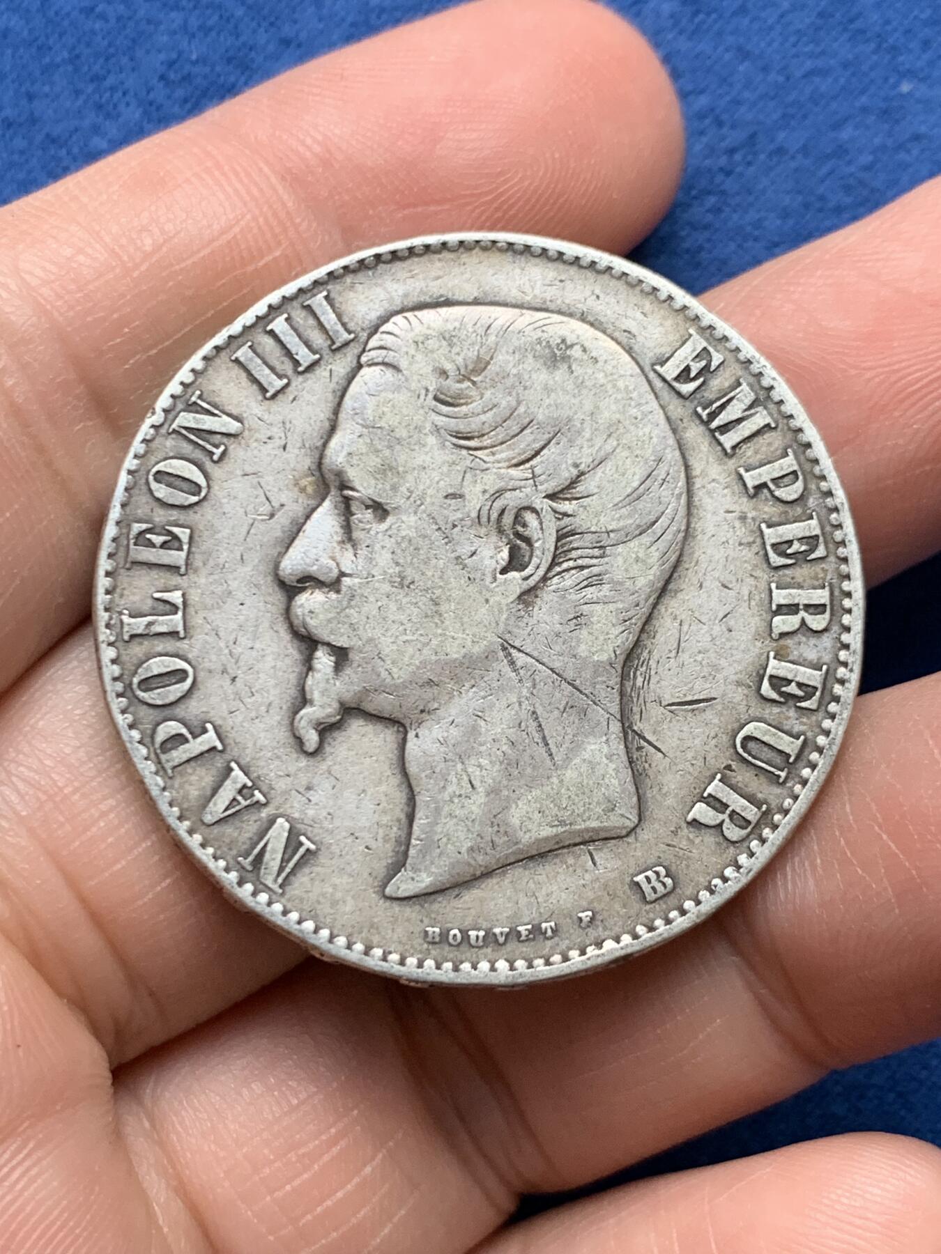 《竞宝斋》第481场 周日，周一 2场连拍 （全场包邮）20级店铺 欢迎送拍 法国1855年BB过渡版拿破仑三世5法郎银币，少见版