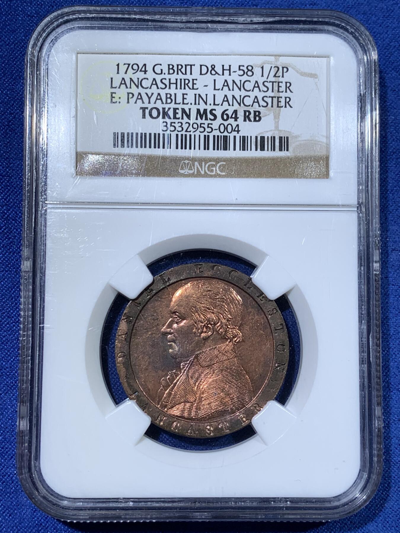 《竞宝斋》第481场 周日，周一 2场连拍 （全场包邮）20级店铺 欢迎送拍 NGC MS64RB 英国1794兰开斯特车轮半便士，此类工艺的首次应用，车轮便士的鼻祖。铜光夺目，非常难得的高分+RB。竞宝斋此前P盒63BN 1905元不含佣成交