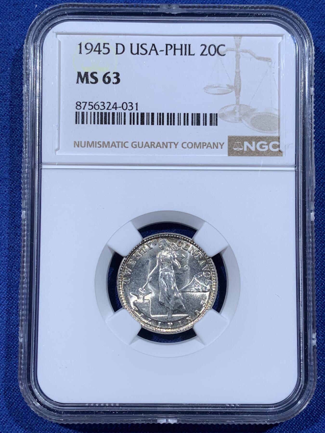 《竞宝斋》第481场 周日，周一 2场连拍 （全场包邮）20级店铺 欢迎送拍 NGC MS63 美属菲律宾1945年20分银币