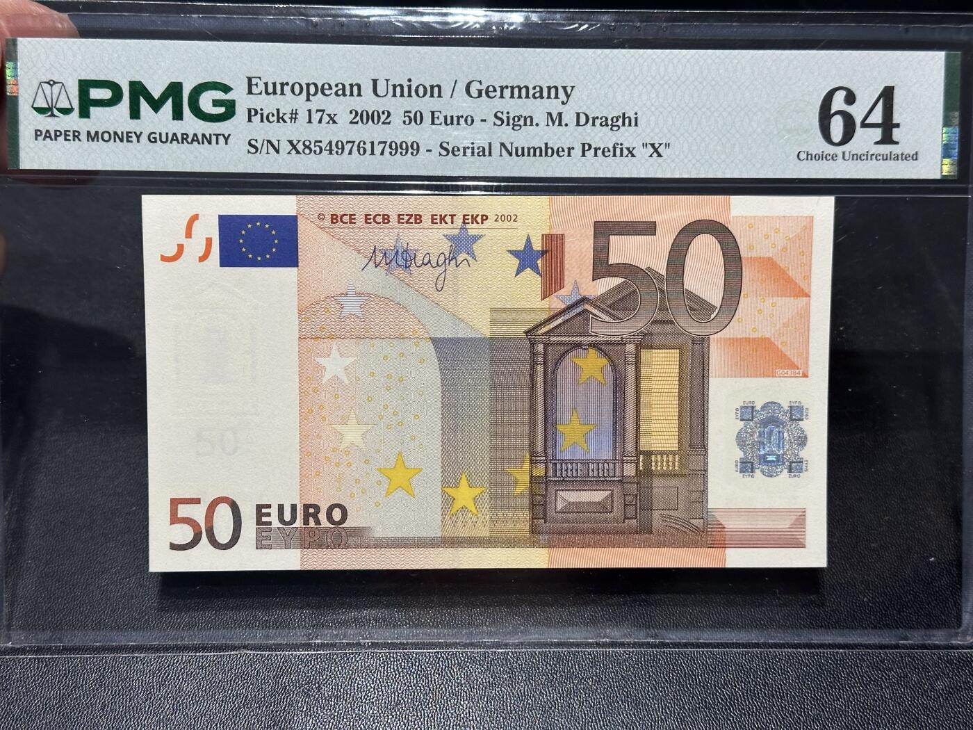 《外钞收藏家》第六百二十八期（精品百拍场）（长期征集拍品、欢迎藏友们联系合作） 2002年三签50欧元 PMG64 豹子号999