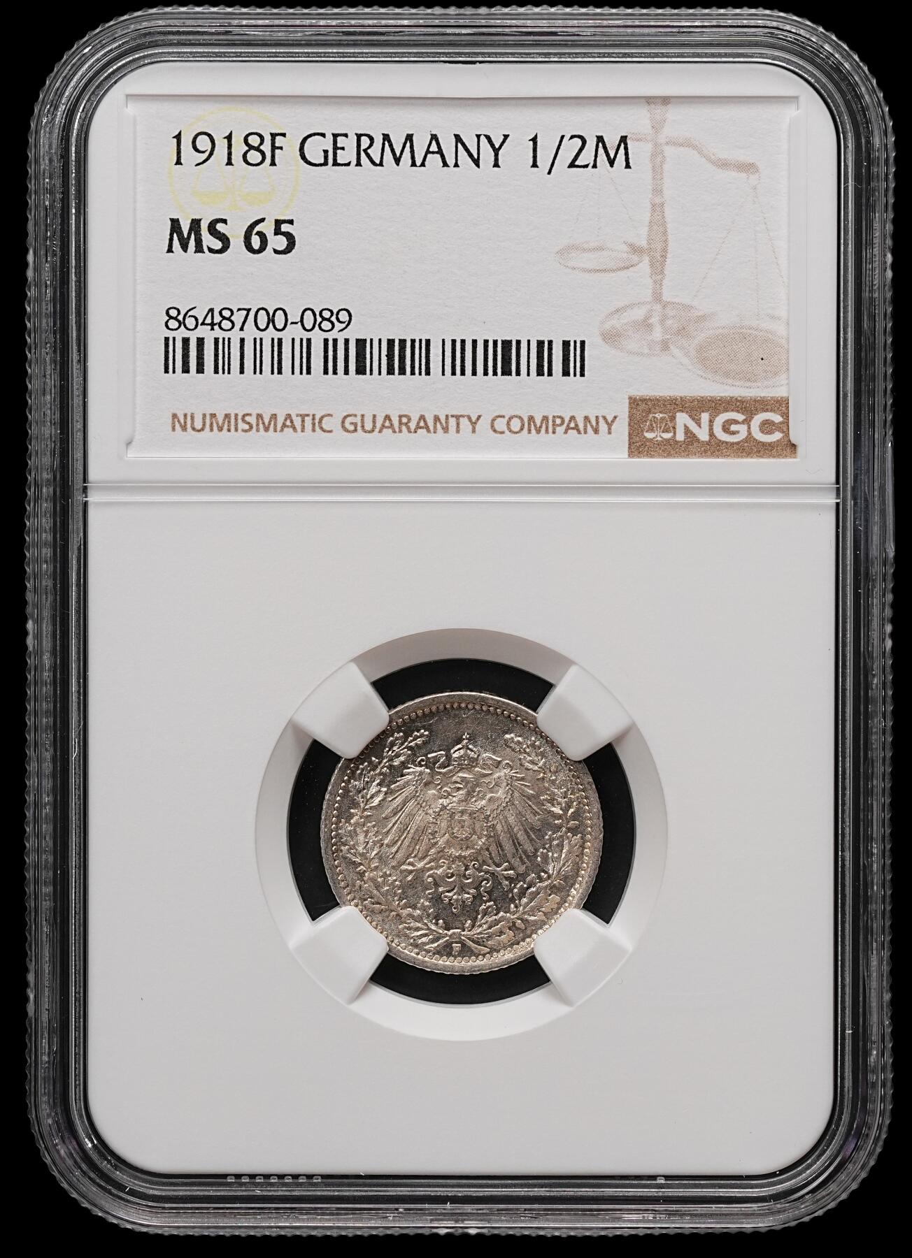 修遠堂世界钱币第112期 NGC MS65 1918年德国1/2马克银币 F厂铭
