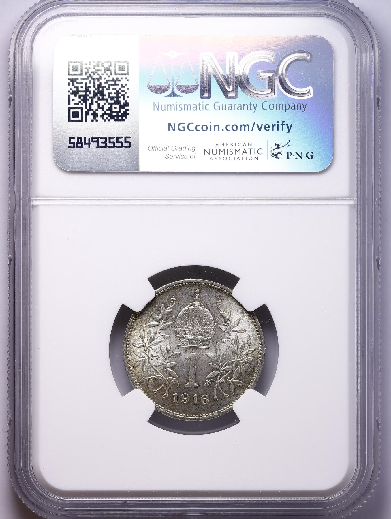观钱 近现代机制币拍卖No.009（全场顺丰包邮，不区分偏远地区）  1916 年奥匈帝国弗朗茨・约瑟夫一世 1 克朗（Corona）银币 NGC MS64 在位最后一年发行的银币