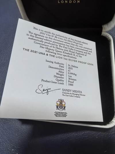 长老汇马年精选第十九场拍卖 圣赫勒拿岛（英国海外领地）2021年1镑精制银币 尤娜和狮子 1盎司999银 发行量：仅1千 东印度公司发行
