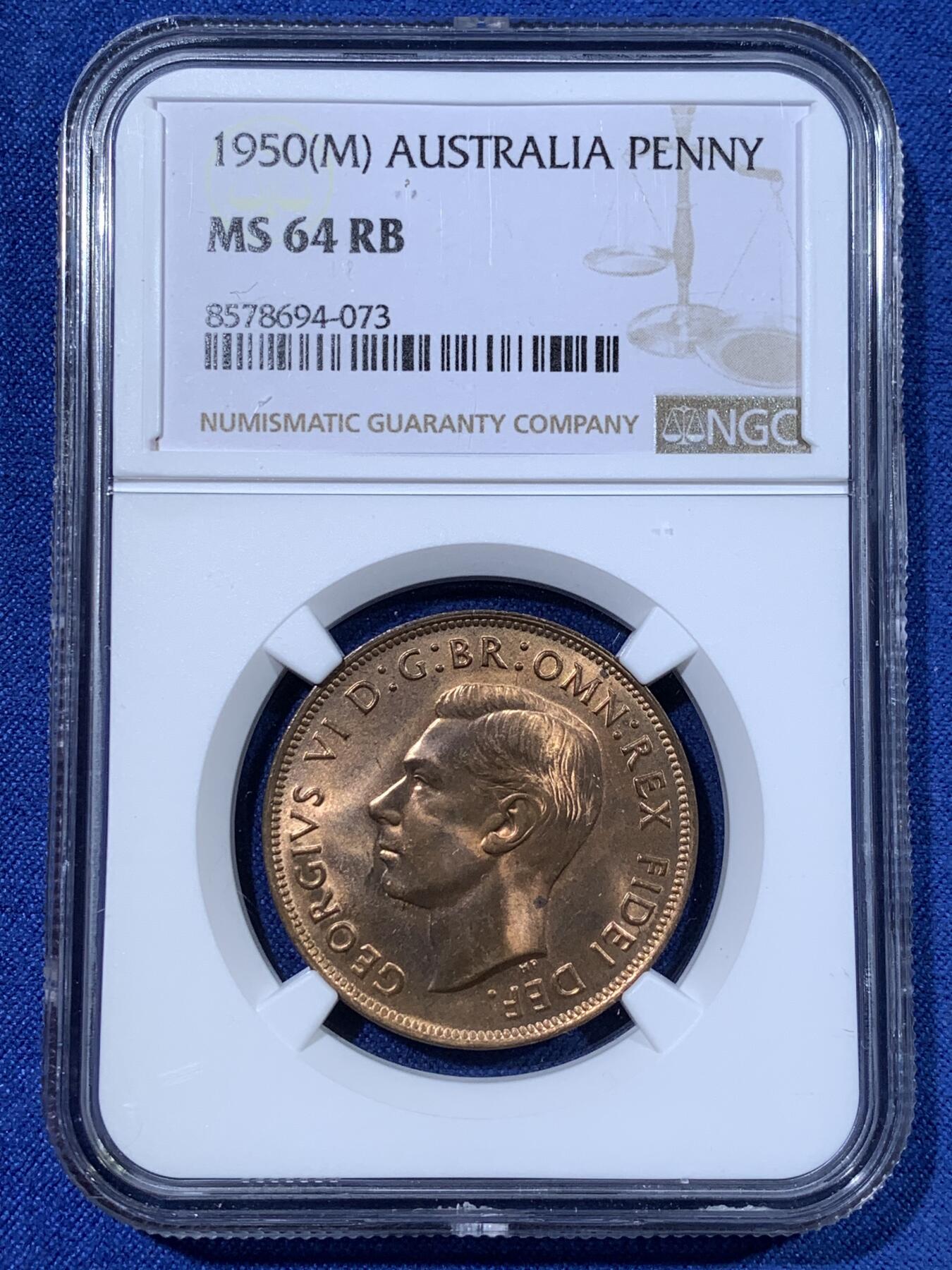 《竞宝斋》第481场 周日，周一 2场连拍 （全场包邮）20级店铺 欢迎送拍 NGC MS64RB 澳大利亚1950年1便士大铜币 M版墨尔本造币厂铸造 跳跃袋鼠图案 铜光亮丽 季军分 更高分3枚