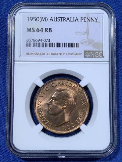 《竞宝斋》第481场 周日，周一 2场连拍 （全场包邮）20级店铺 欢迎送拍 - NGC MS64RB 澳大利亚1950年1便士大铜币 M版墨尔本造币厂铸造 跳跃袋鼠图案 铜光亮丽 季军分 更高分3枚