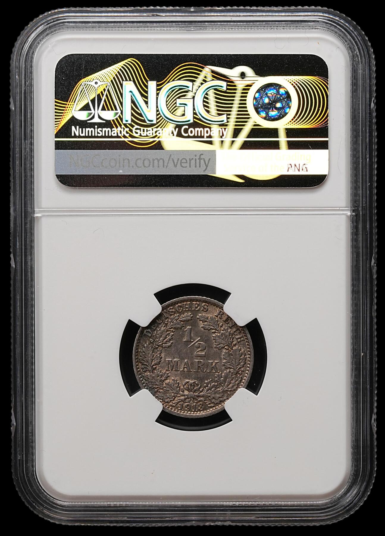 修遠堂世界钱币第112期 NGC MS62 1913年德国1/2马克银币，J厂铭，少见年份厂铭，仅80多万铸造量