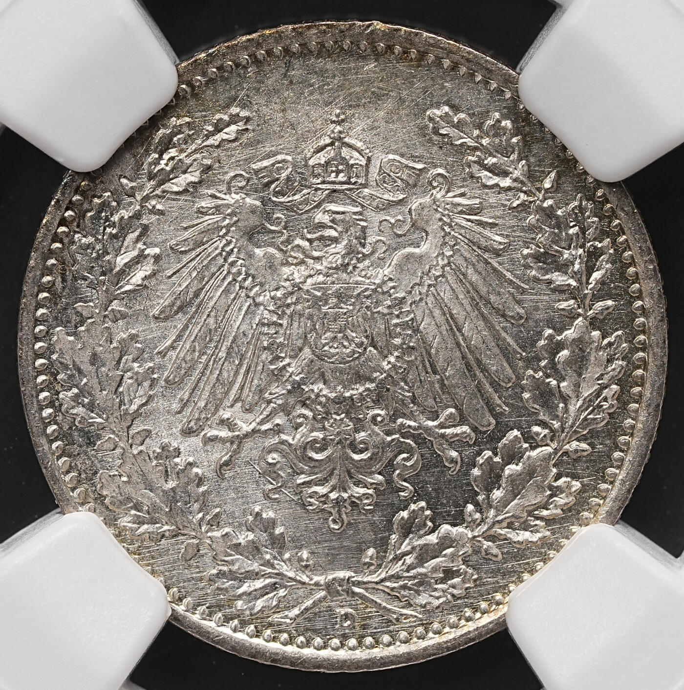 修遠堂世界钱币第112期 NGC MS66 1918年德国1/2马克银币 D厂铭