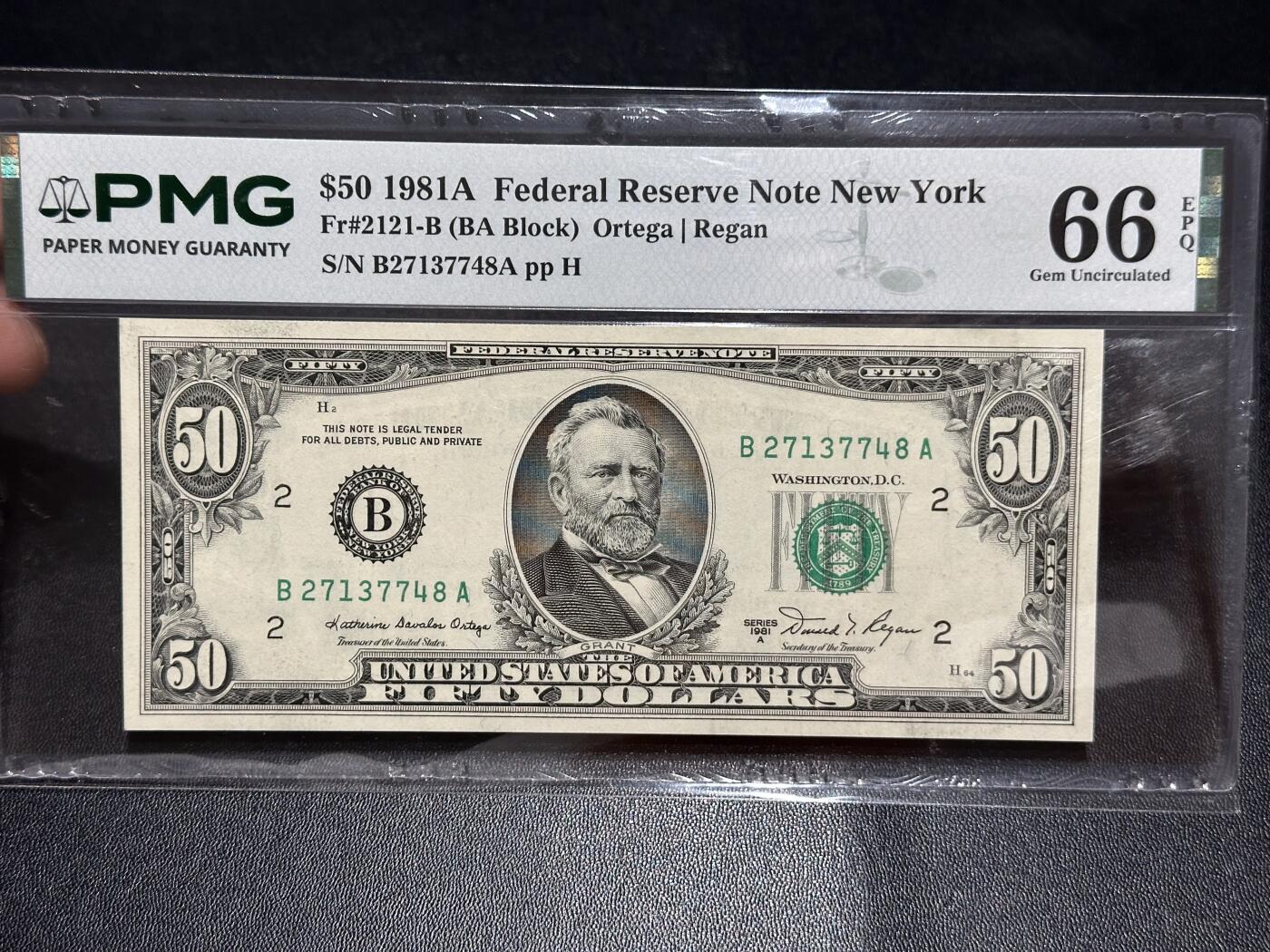 《外钞收藏家》第六百二十八期（精品百拍场）（长期征集拍品、欢迎藏友们联系合作） 1981年美国小头版50美元 PMG66 尾8 亚军分冠军只有一枚