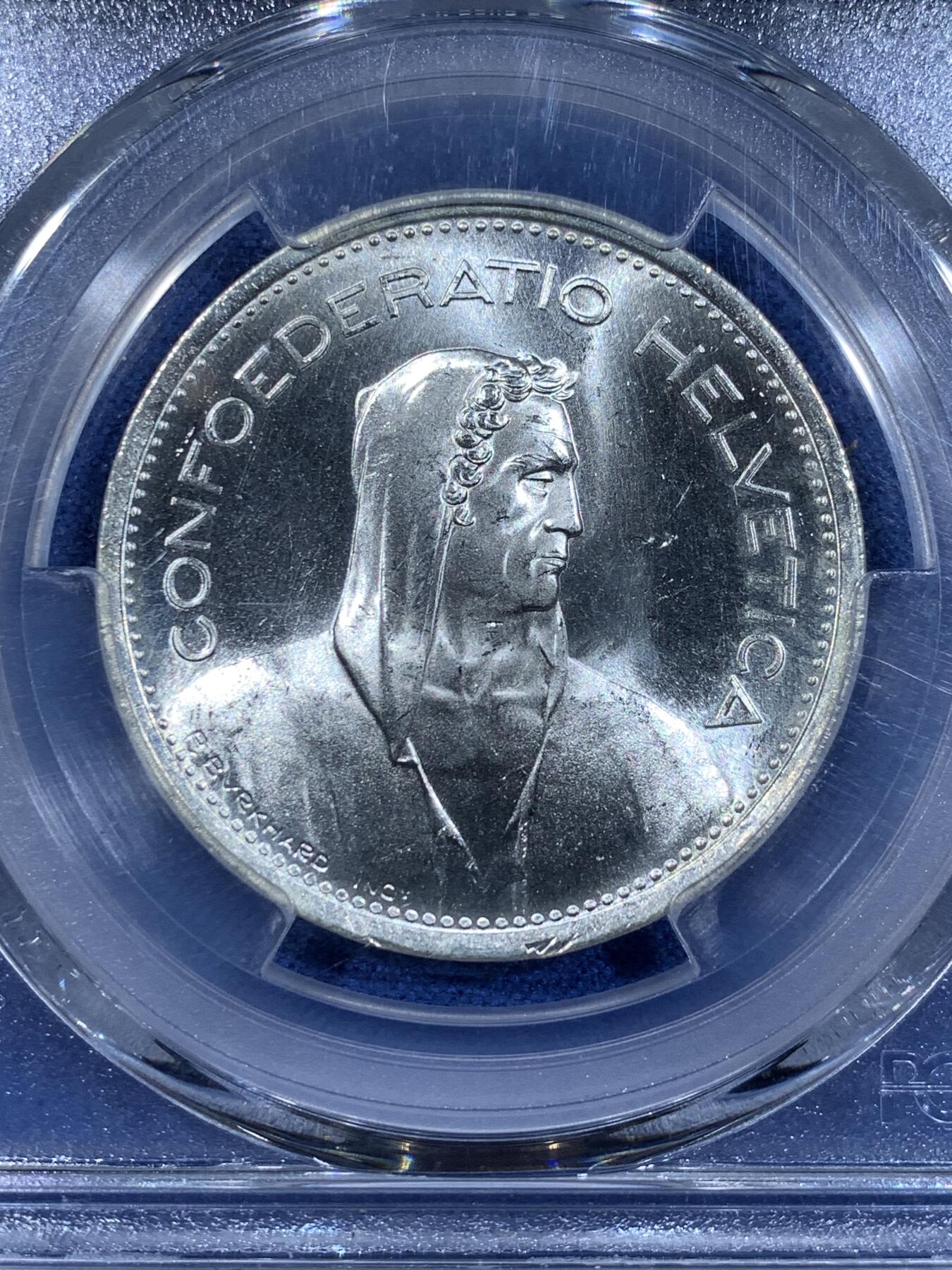 《竞宝斋》第481场 周日，周一 2场连拍 （全场包邮）20级店铺 欢迎送拍 PCGS MS65 瑞士1969年5法郎银币 霜感强烈