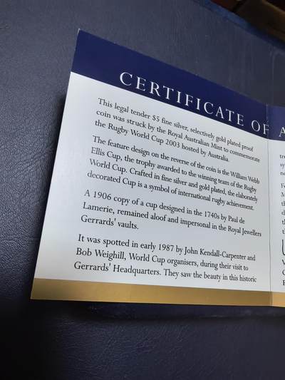 长老汇马年精选第十九场拍卖 澳大利亚2003年5元部分镀金精制银币 世界英式橄榄球比赛 1盎司999银 发行量：2万 盒证全