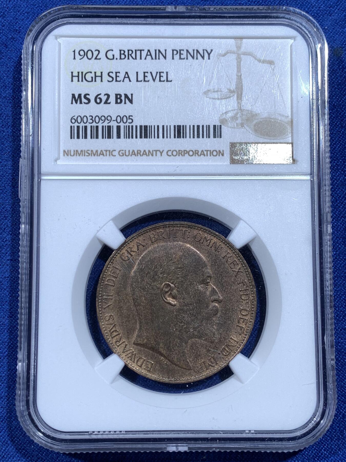 《竞宝斋》第481场 周日，周一 2场连拍 （全场包邮）20级店铺 欢迎送拍 NGC MS62BN 英国1902年1便士大铜币，爱德华七世，高海岸版