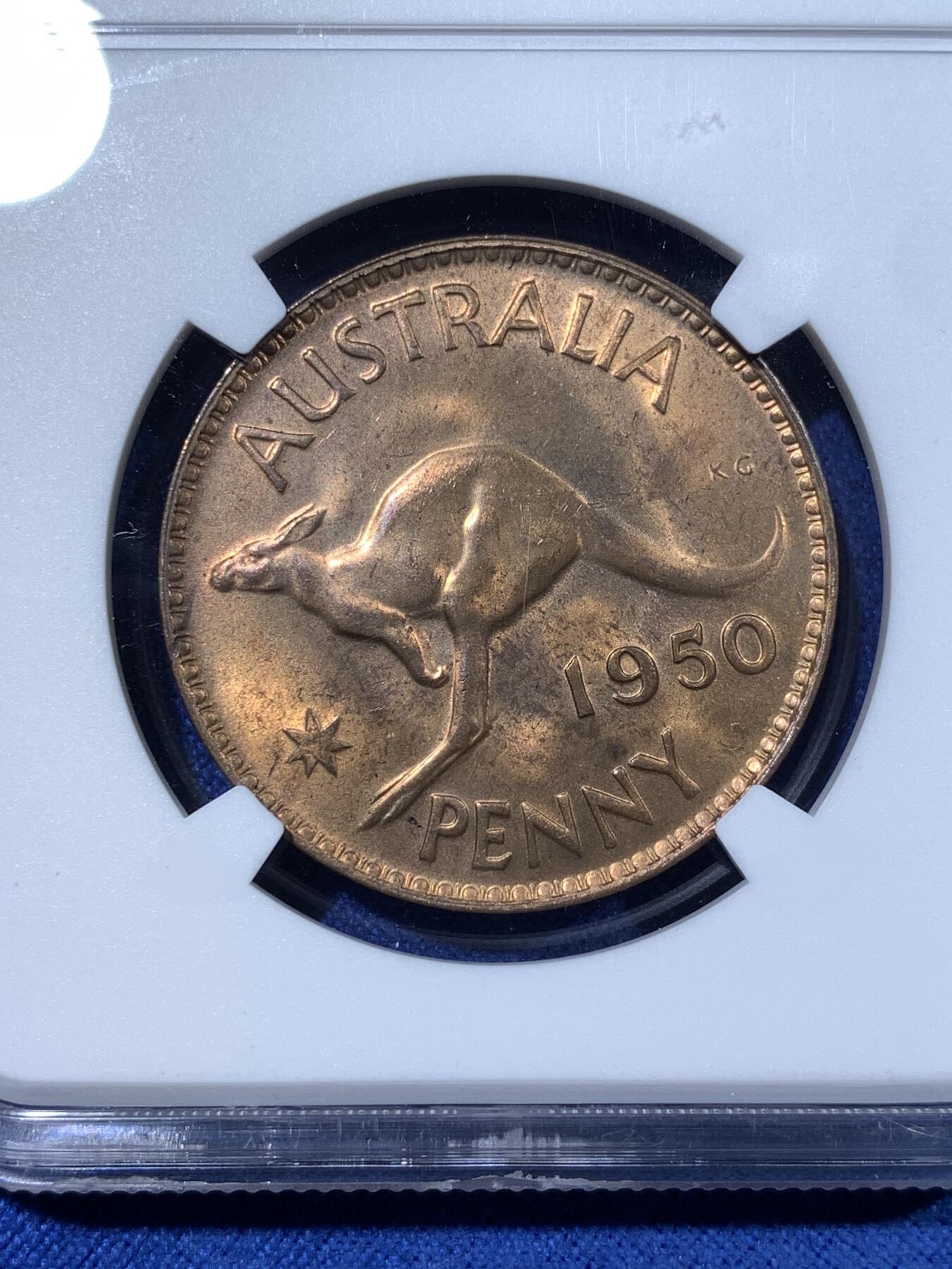 《竞宝斋》第481场 周日，周一 2场连拍 （全场包邮）20级店铺 欢迎送拍 NGC MS64RB 澳大利亚1950年1便士大铜币 M版墨尔本造币厂铸造 跳跃袋鼠图案 铜光亮丽 季军分 更高分3枚