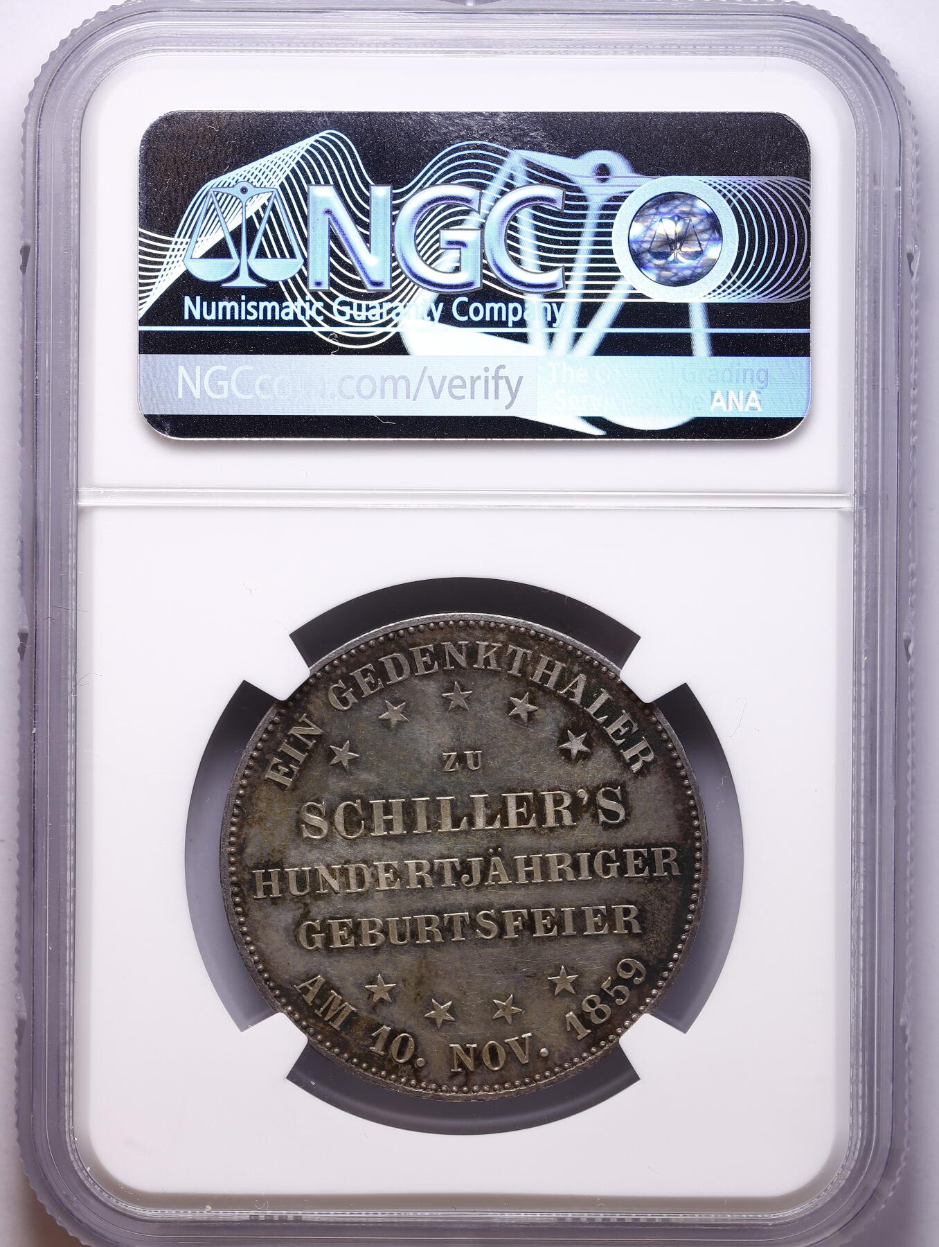 观钱 近现代机制币拍卖No.009（全场顺丰包邮，不区分偏远地区）  1859 年 德国法兰克福自由市 席勒纪念 1 泰勒银币 NGC MS63