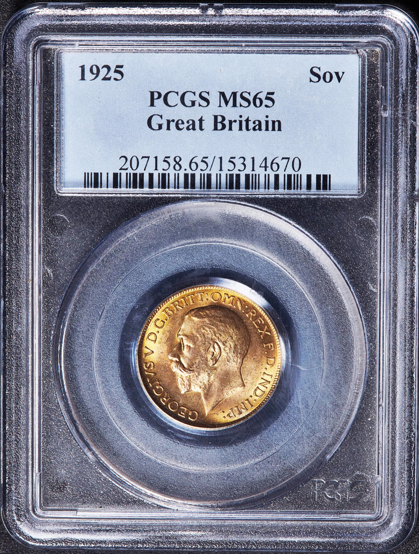 【俄甄集藏】满园春色-2026年(051)04-22星期三 晚 19:30 全场包邮 英国1925年乔治五世1索维林马剑金币，PCGS MS64，转光品相，重7.9881克，917金，经典品种