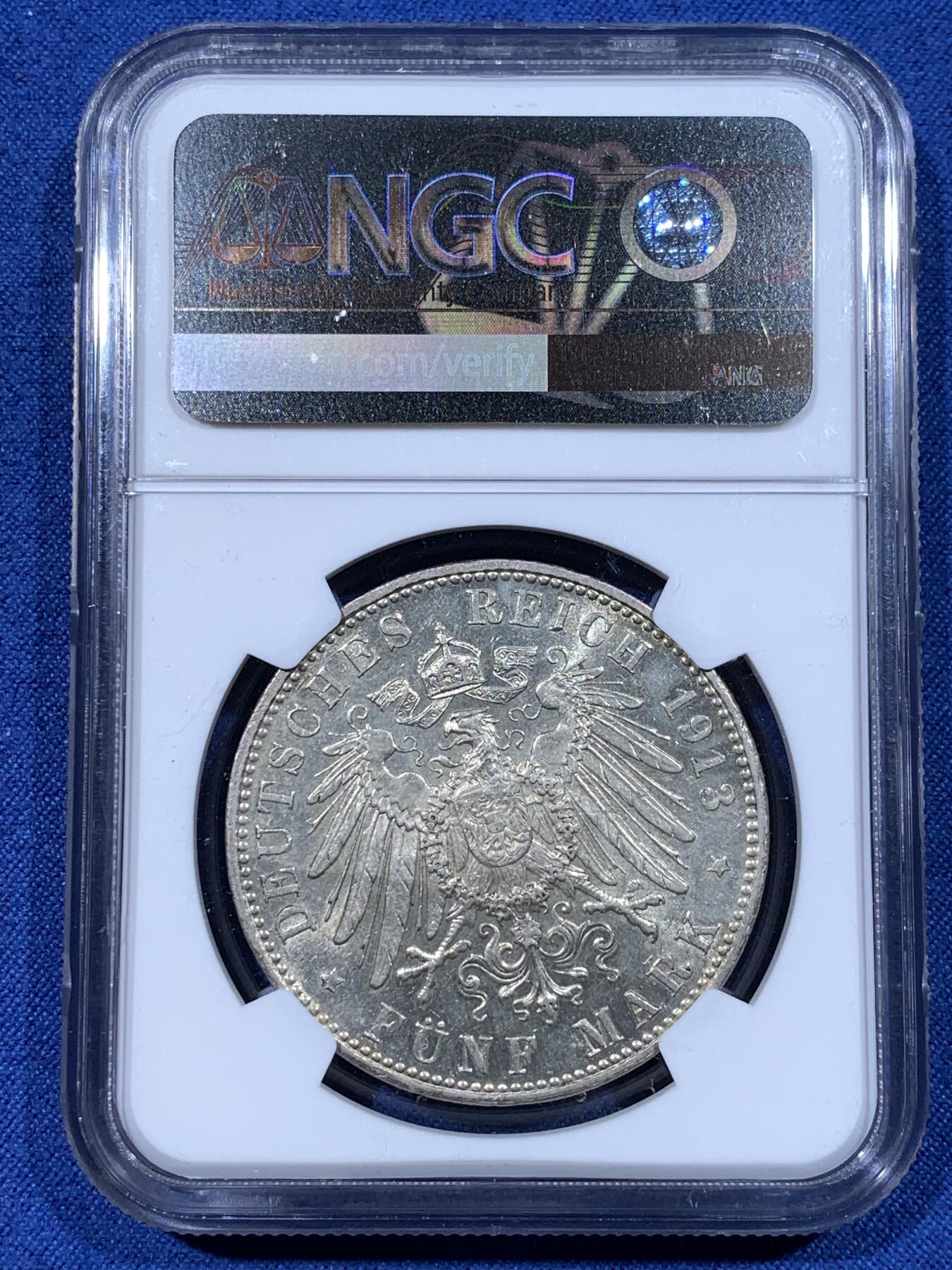 《竞宝斋》第481场 周日，周一 2场连拍 （全场包邮）20级店铺 欢迎送拍 NGC AU58 德国巴伐利亚1913年奥托5马克银币 流通币上58挺难的