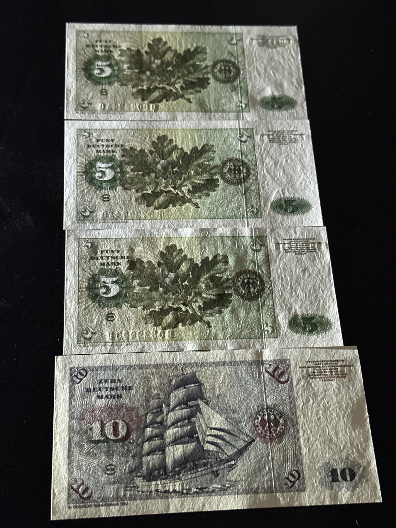 《外钞收藏家》第六百二十八期（精品百拍场）（长期征集拍品、欢迎藏友们联系合作） 1980年德国5马克 3张一起 +10马克全新一个角不绝