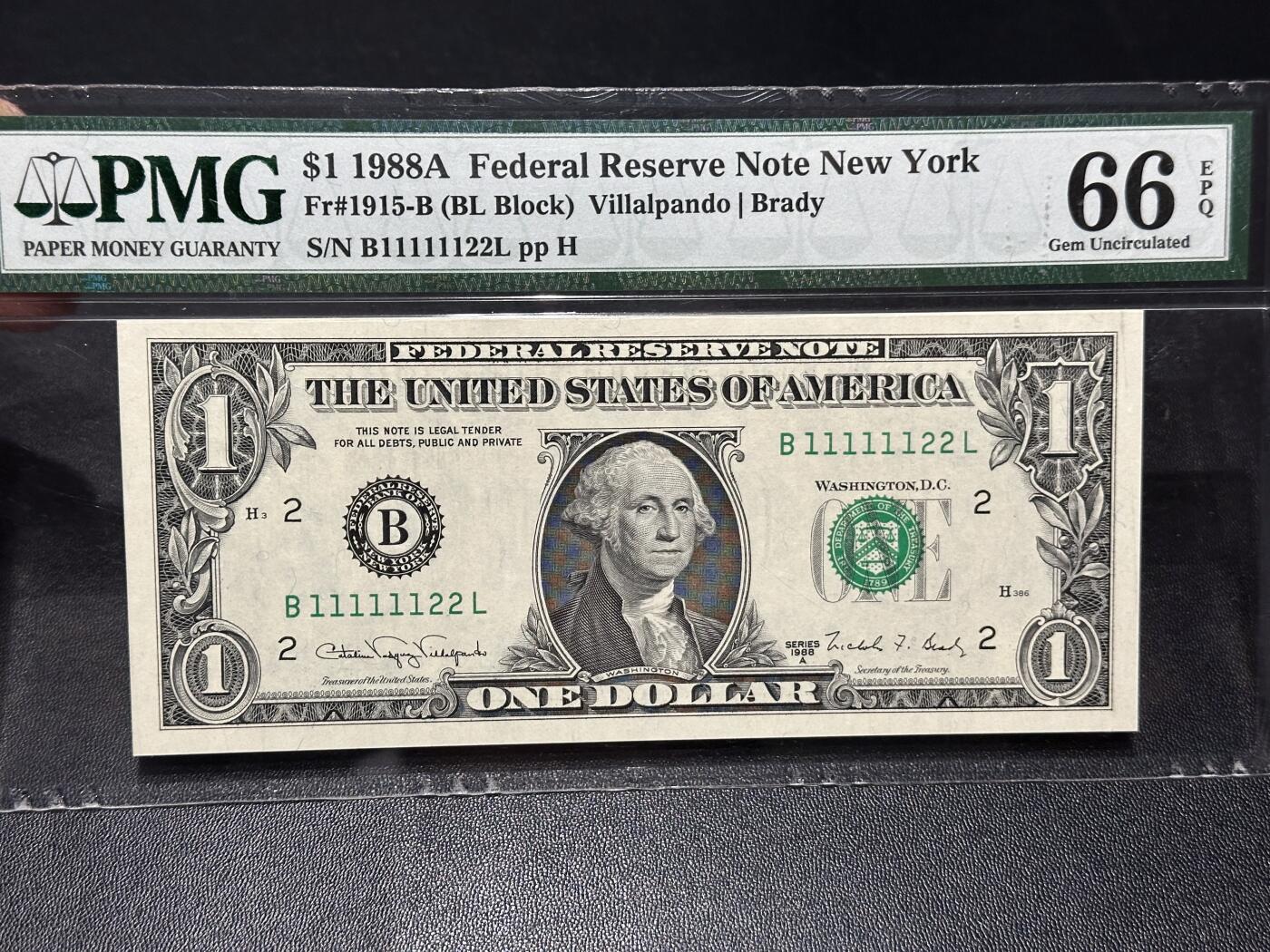 《外钞收藏家》第六百二十八期（精品百拍场）（长期征集拍品、欢迎藏友们联系合作） 1988年美国1美元 PMG66 人二 大象号111111开头