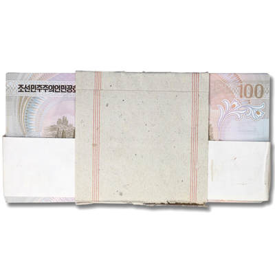 1992年朝鲜-第四版纸币100元大章版-样票整刀100张大章版样票；整刀100张 1992年朝鲜-第四版纸币100元大章版-样票整刀100张大章版样票；整刀100张