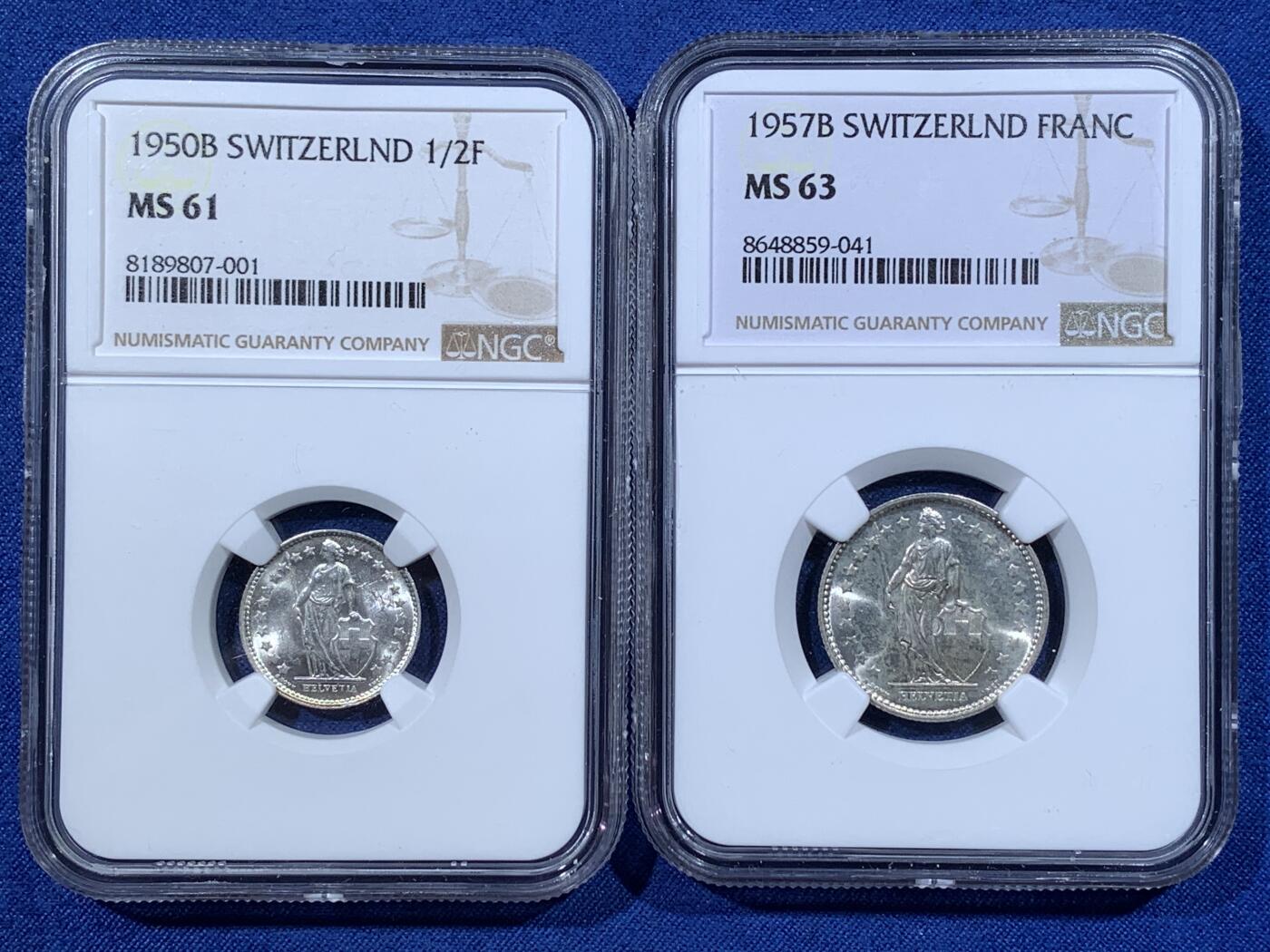 《竞宝斋》第481场 周日，周一 2场连拍 （全场包邮）20级店铺 欢迎送拍 两枚一组 NGC MS61/63 瑞士1950年/1957年女神1/2法郎、1法郎银币