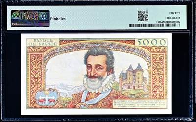 【Blue Auction】世界纸币精拍第811期——18级TOP拍卖/信誉/品质/专业/高效💫 【红字加盖版少见 91818倒置靓号】法国 1959年50新法郎加盖5000法郎 PMG55 状态佳 波旁王朝开国国王亨利四世 设计精美 （b版年份比a版更少见）