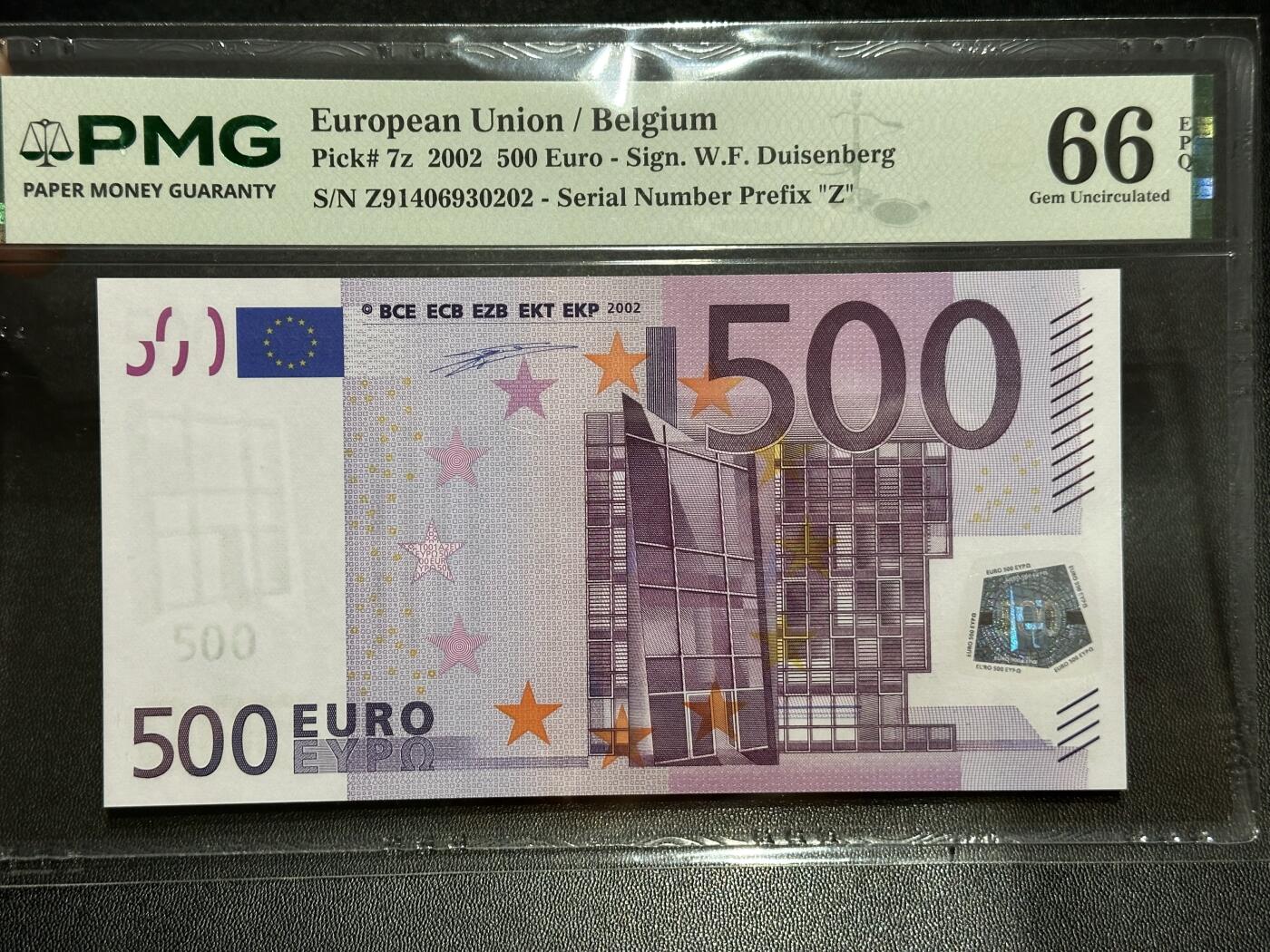 《外钞收藏家》第六百二十八期（精品百拍场）（长期征集拍品、欢迎藏友们联系合作） 2002年一签500欧元 比利时版 PMG66