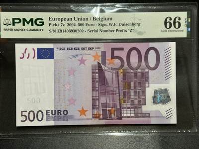 《外钞收藏家》第六百二十八期（精品百拍场）（长期征集拍品、欢迎藏友们联系合作） - 2002年一签500欧元 比利时版 PMG66
