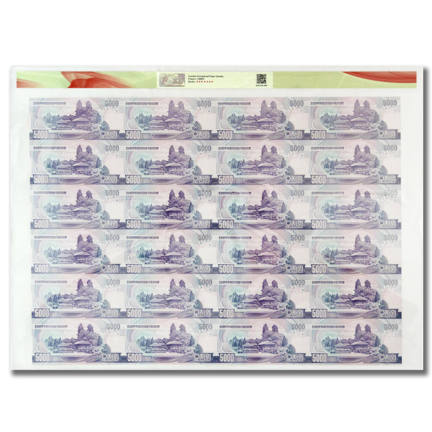 朝鲜2006年版5000元档案样票整版钞24连体罕见品TQG评级67分档案样票整版24连体
