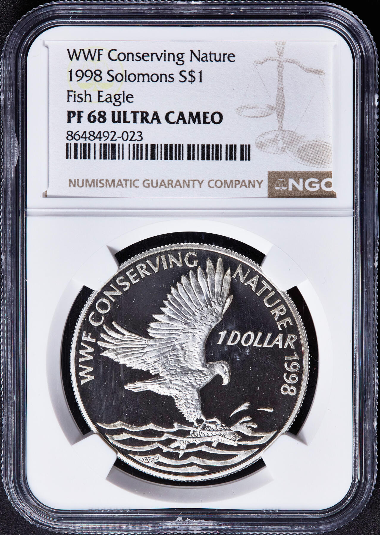 【俄甄集藏】满园春色-2026年(051)04-22星期三 晚 19:30 全场包邮 所罗门群岛1998年自然保护系列-所罗门海钓1元精制大银币，NGC PF68UC，重28.28克，925银，稀少品种，季军