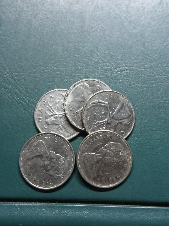 松南世界钱币——260420 加拿大25分青年女王头像镍币5枚合计1.25元1