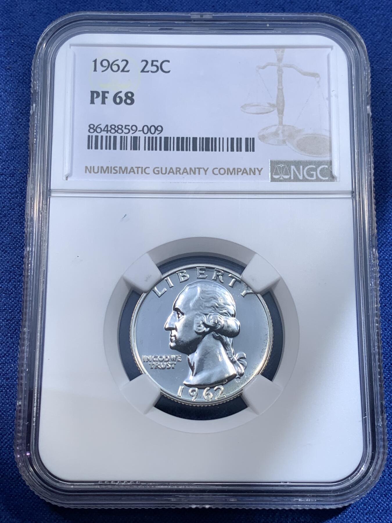 《竞宝斋》第481场 周日，周一 2场连拍 （全场包邮）20级店铺 欢迎送拍 NGC PF68 美国1962年华盛顿25美分银币，少见早期精制版本，高分