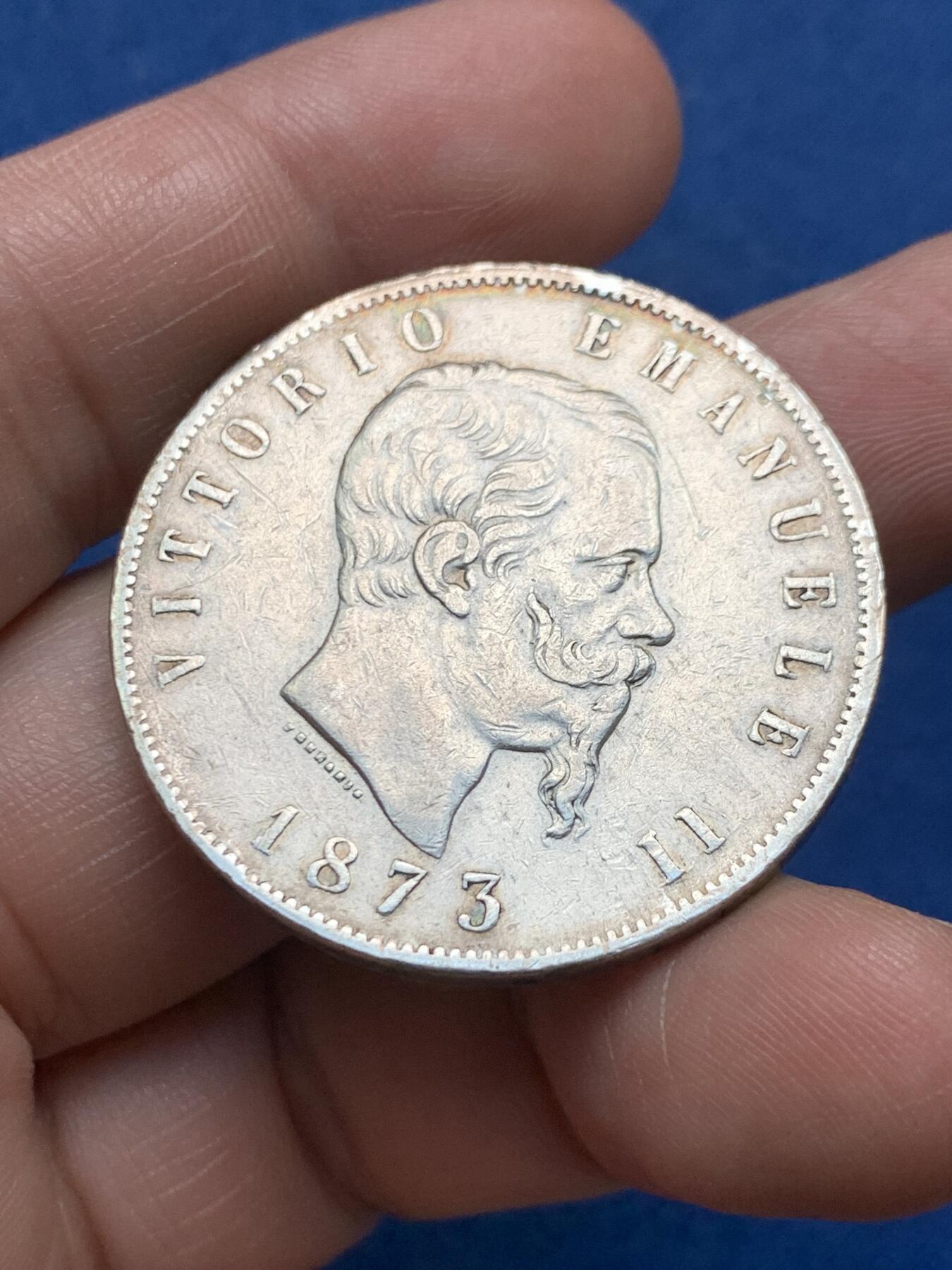 《竞宝斋》第481场 周日，周一 2场连拍 （全场包邮）20级店铺 欢迎送拍 意大利1873年伊曼纽尔二世5里拉银币 24.9克