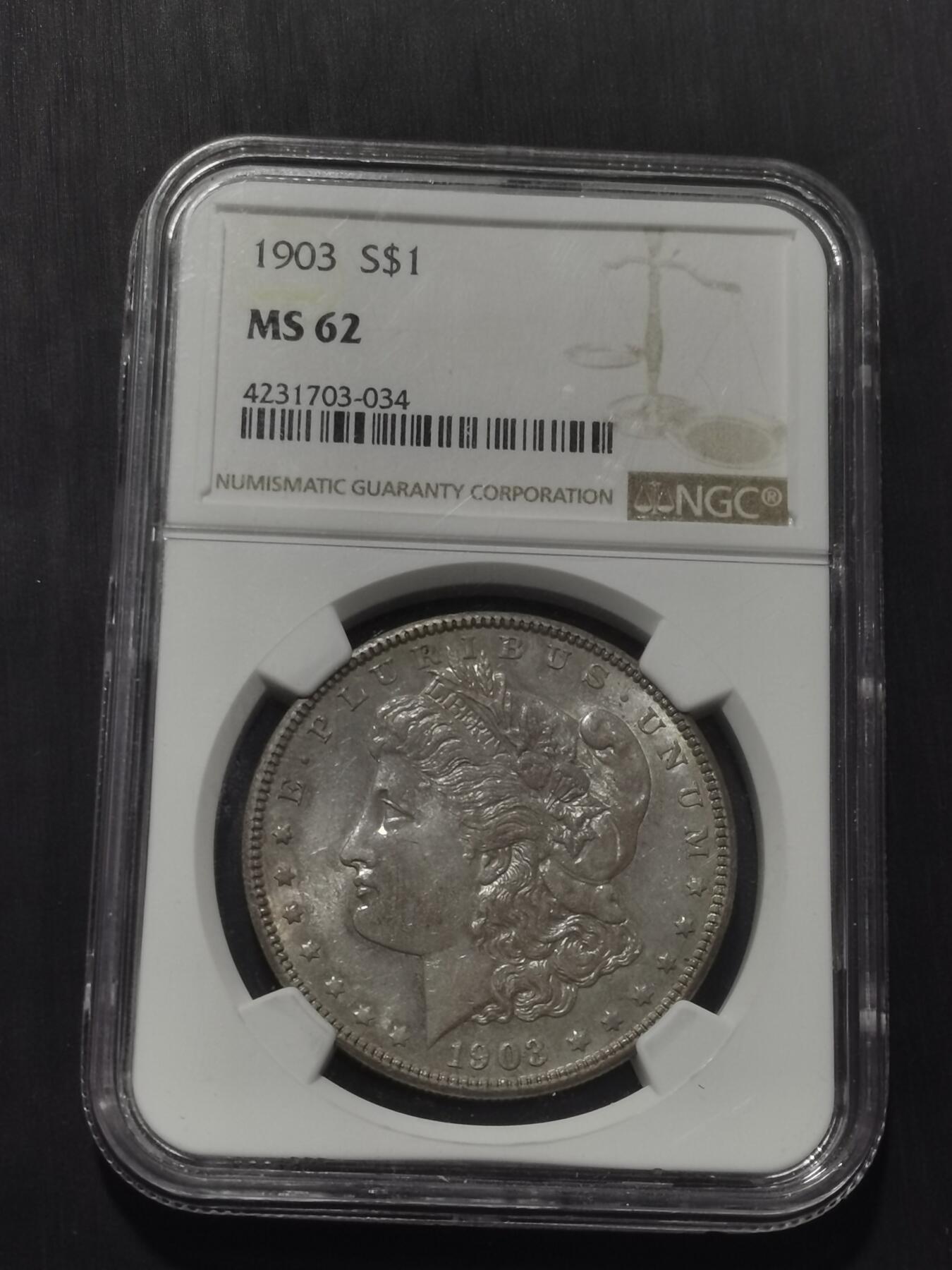 天下钱庄专场欢迎参拍 1903特年美国摩根一美元银币，NGC MS62