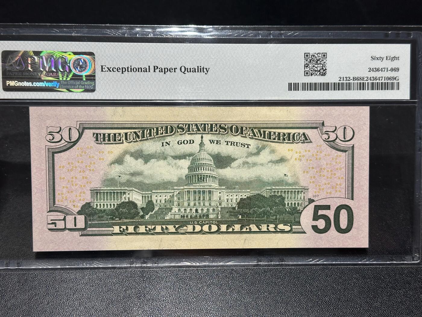 《外钞收藏家》第六百二十八期（精品百拍场）（长期征集拍品、欢迎藏友们联系合作） 2013年美国彩版50美元 PMG68 无47 豹子号222