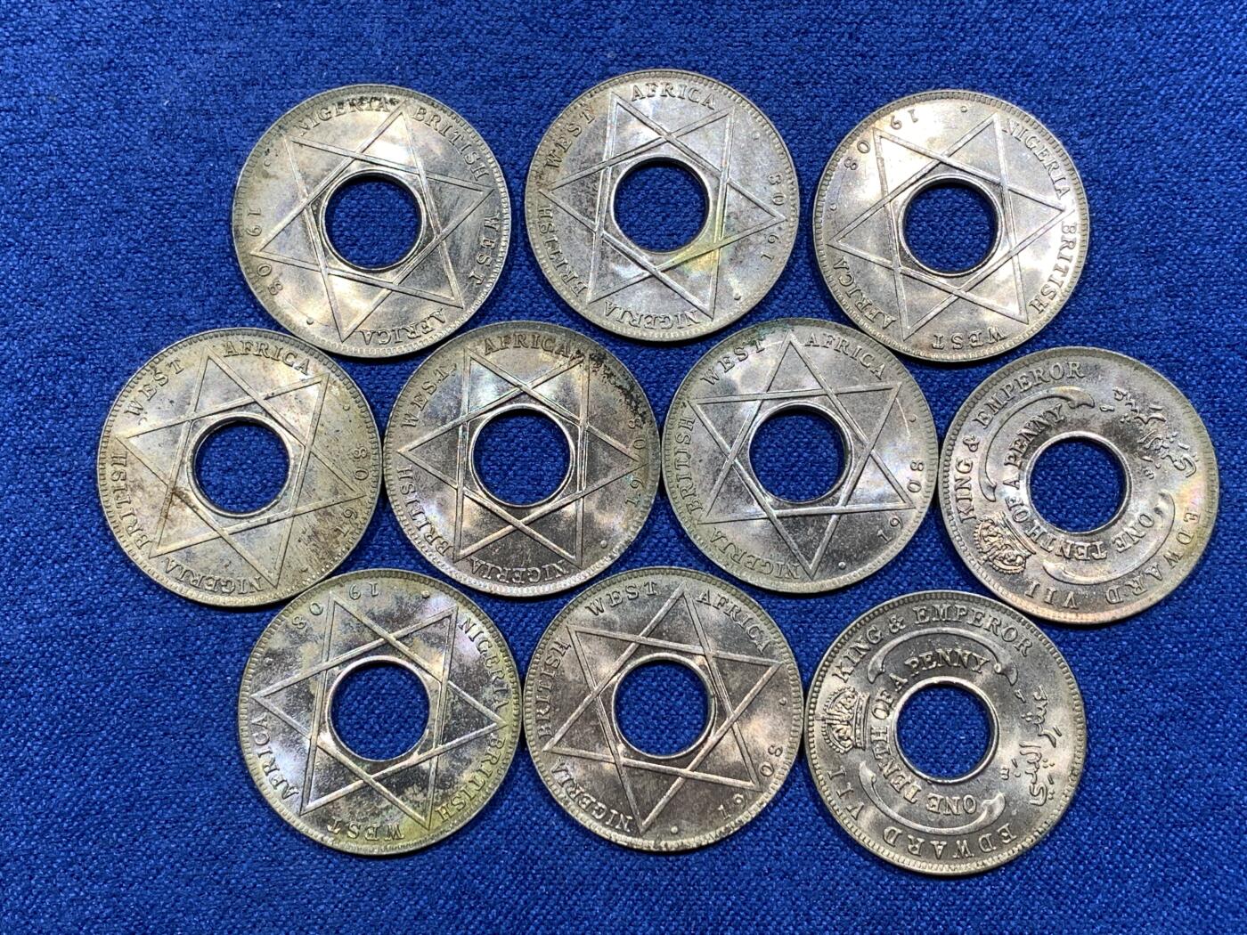 《竞宝斋》第481场 周日，周一 2场连拍 （全场包邮）20级店铺 欢迎送拍 10枚一组 英属西非1908年爱德华七世1/10便士 好品