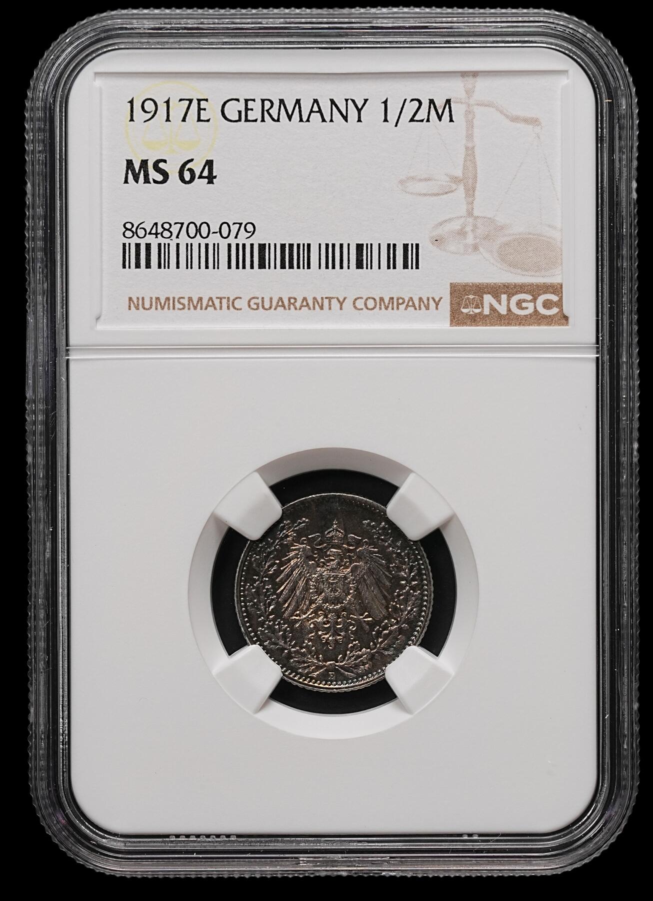 修遠堂世界钱币第112期 NGC MS64 1917年德国1/2马克银币 E厂铭