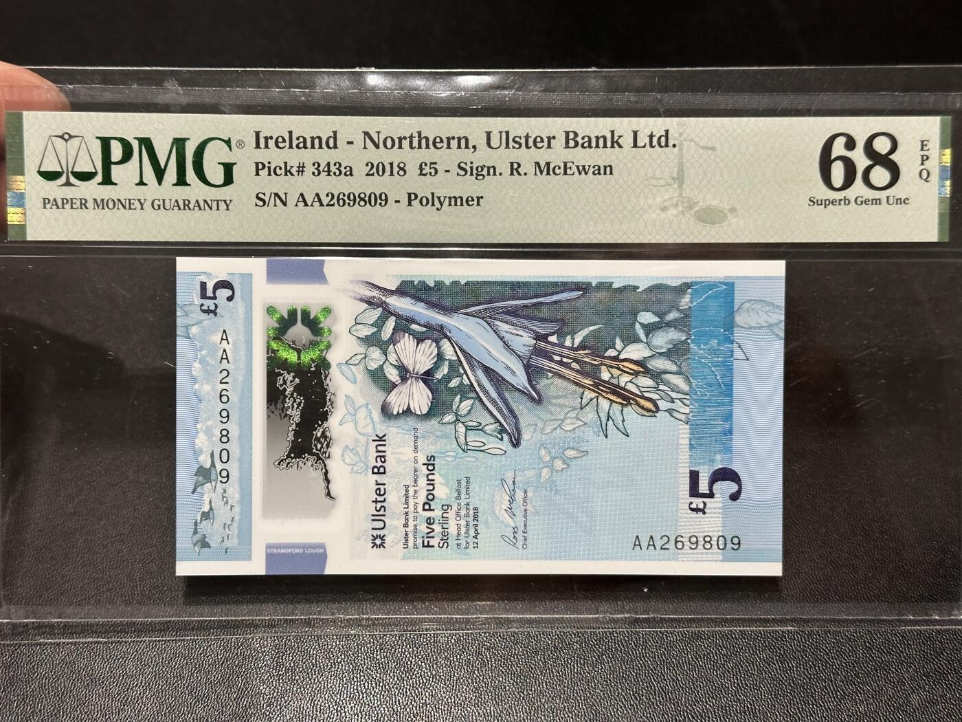 《外钞收藏家》第六百二十八期（精品百拍场）（长期征集拍品、欢迎藏友们联系合作） 2018年北爱尔兰5镑 AA冠 无47 PMG68