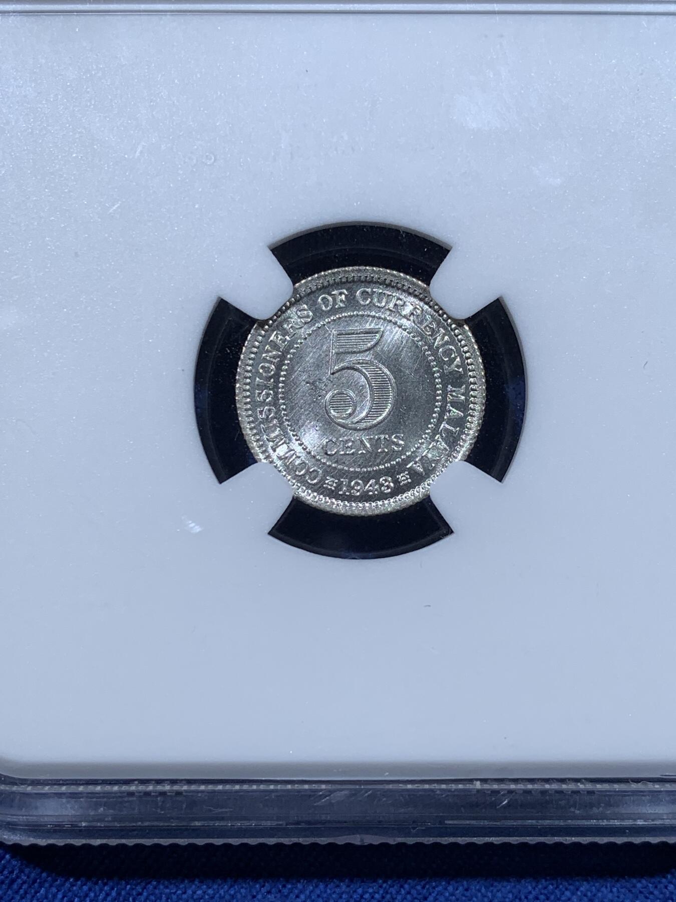 《竞宝斋》第481场 周日，周一 2场连拍 （全场包邮）20级店铺 欢迎送拍 两枚一组 NGC MS63 马来亚1943年乔治六世5分+10分银币