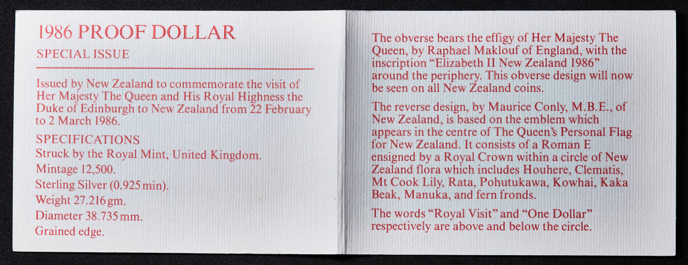【俄甄集藏】满园春色-2026年(051)04-22星期三 晚 19:30 全场包邮 新西兰1986年纪念皇室访问1元精制大银币，原盒证，重27.216克，925银，发行量12500枚