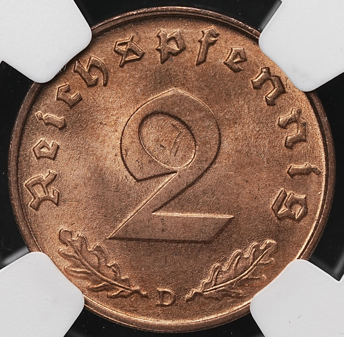 修遠堂世界钱币第112期 NGC MS65RD 1939年德国2芬尼铜币 D厂铭 RD原始全铜光难得