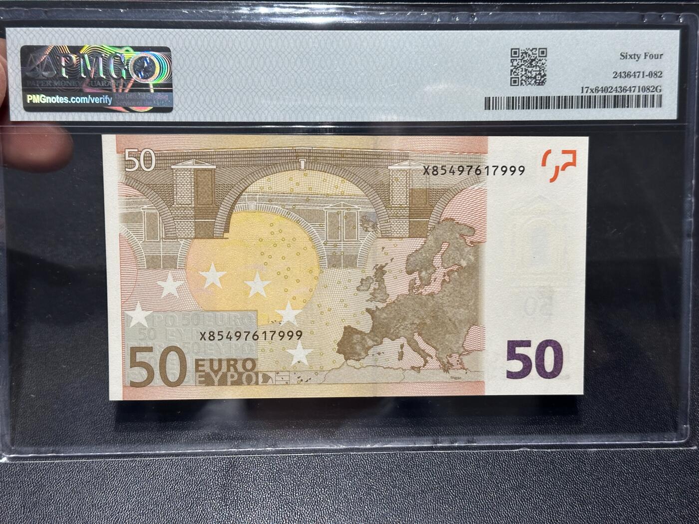 《外钞收藏家》第六百二十八期（精品百拍场）（长期征集拍品、欢迎藏友们联系合作） 2002年三签50欧元 PMG64 豹子号999