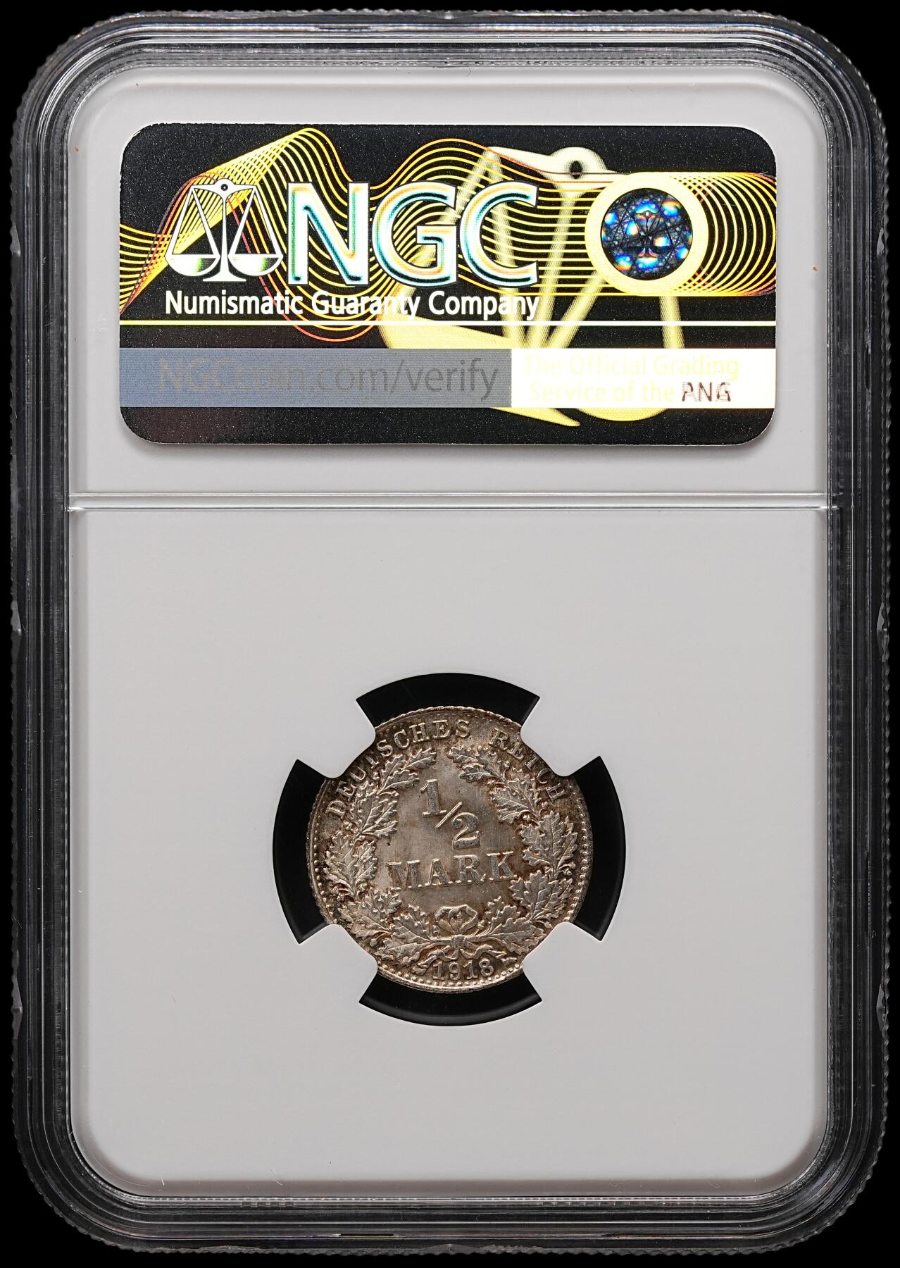 修遠堂世界钱币第112期 NGC MS67 1918年德国1/2马克银币 D厂铭
