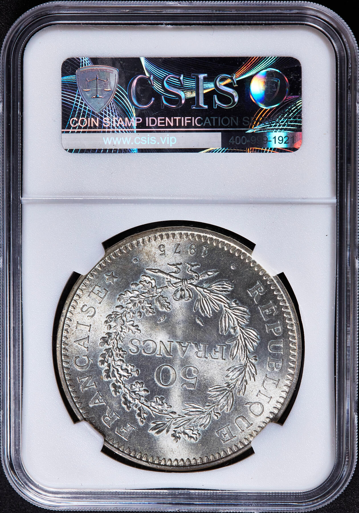 【俄甄集藏】满园春色-2026年(051)04-22星期三 晚 19:30 全场包邮 法国1975年大力神50法郎大银币，信泰 MS65，重30克，900银，转光品相